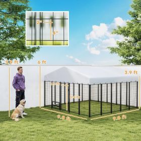 9.8' X 9.8' X 6'Outdoor Dog Kennel, Dog Kennel Outside Run With 360 Rotating Bowls, Waterproof & UV Resistant Cover (Option: Sliver)