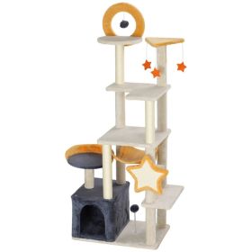 PawHut 63 Inch Moon And Star Themed Cat Tree With Scratching Post, Hammock, Condo, Bed, Scratching Board & Cat Toys, Beige (Option: Beige Dark Gray)