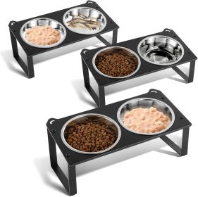 2 Set Elevated Cat Food Water Bowls, 4 Stainless Steel Bowls for Indoor Pet with Cute Metal Stand (Color: Black- 3pack)