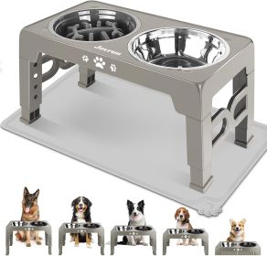 Elevated Dog Bowls for Small Dogs and Cats with Mat, Non-Slip Cat Bowls with 2 Thick 5.5" Stainless Steel Dishes (Color: Borwn Grey  8" for Medium Dogs 1 Basic&1Slow Bowl with Mat)