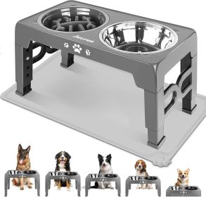 Elevated Dog Bowls for Small Dogs and Cats with Mat, Non-Slip Cat Bowls with 2 Thick 5.5" Stainless Steel Dishes (Color: Grey    8" for Medium Dogs 1 Basic&1Slow Bowl with Mat)