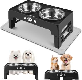 Elevated Dog Bowls for Small Dogs and Cats with Mat, Non-Slip Cat Bowls with 2 Thick 5.5" Stainless Steel Dishes (Color: Black   5.3" for Small Dog and Cat 2 Basic Bowls with Mat)