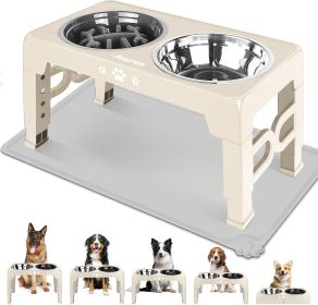 Elevated Dog Bowls for Small Dogs and Cats with Mat, Non-Slip Cat Bowls with 2 Thick 5.5" Stainless Steel Dishes (Color: Beige  8" for Medium Dogs 1 Basic&1Slow Bowl with Mat)