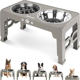 Elevated Dog Bowls for Small Dogs and Cats with Mat, Non-Slip Cat Bowls with 2 Thick 5.5" Stainless Steel Dishes (Color: Light Borwn Grey  for Medium Large Dogs 1 Basic&1Slow Bowl)