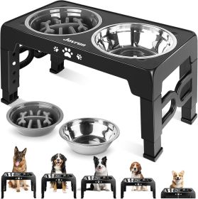 Elevated Dog Bowls for Small Dogs and Cats with Mat, Non-Slip Cat Bowls with 2 Thick 5.5" Stainless Steel Dishes (Color: Black  for Medium Large Dogs 1 Basic&1Slow Bowl)