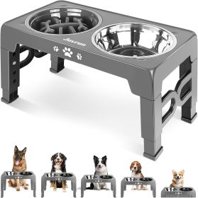 Elevated Dog Bowls for Small Dogs and Cats with Mat, Non-Slip Cat Bowls with 2 Thick 5.5" Stainless Steel Dishes (Color: Grey  for Medium Large Dogs 1 Basic&1Slow Bowl)