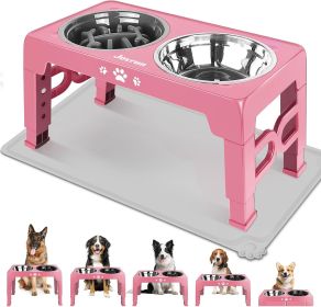 Elevated Dog Bowls for Small Dogs and Cats with Mat, Non-Slip Cat Bowls with 2 Thick 5.5" Stainless Steel Dishes (Color: Pink    8" for Medium Dogs 1 Basic&1Slow Bowl with Mat)