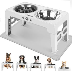 Elevated Dog Bowls for Small Dogs and Cats with Mat, Non-Slip Cat Bowls with 2 Thick 5.5" Stainless Steel Dishes (Color: White  8" for Medium Dogs 1 Basic&1Slow Bowl with Mat)