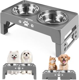 Elevated Dog Bowls for Small Dogs and Cats with Mat, Non-Slip Cat Bowls with 2 Thick 5.5" Stainless Steel Dishes (Color: Grey   5.3" for Small Dog and Cat 2 Basic Bowls with Mat)