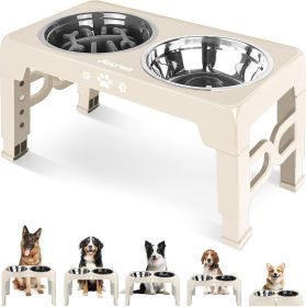 Elevated Dog Bowls for Small Dogs and Cats with Mat, Non-Slip Cat Bowls with 2 Thick 5.5" Stainless Steel Dishes (Color: Beige  for Medium Large Dogs 1 Basic&1Slow Bowl)